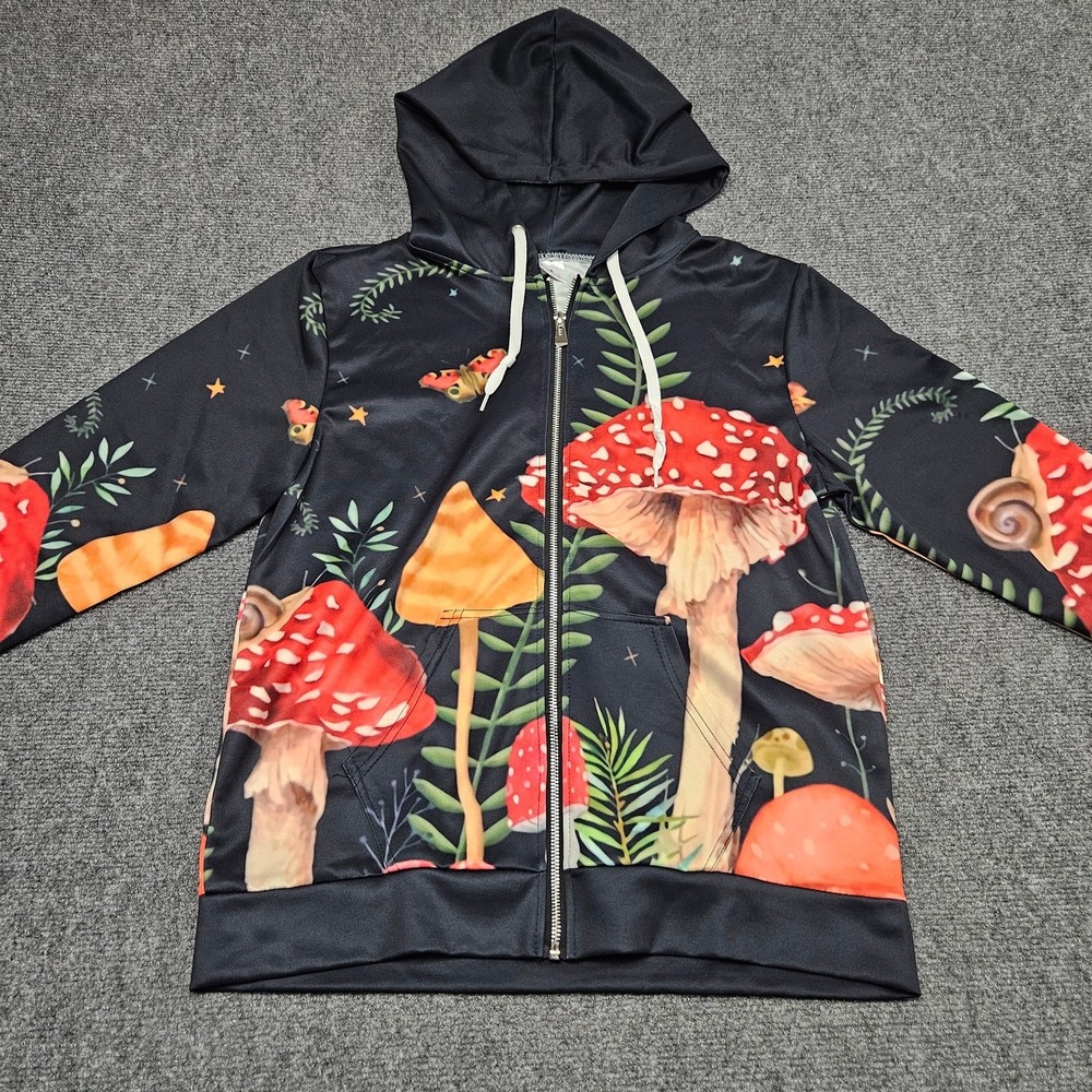 Mushroom Zip Up Hoodie Womens M Black Graphic Festival Fairycore Goblincore